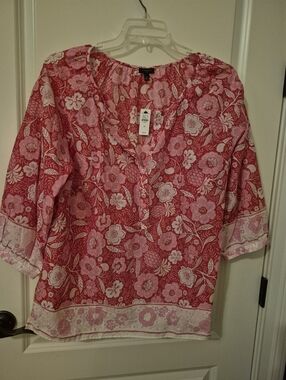Talbots Pink & Light Pink Floral Split-Neck Blouse